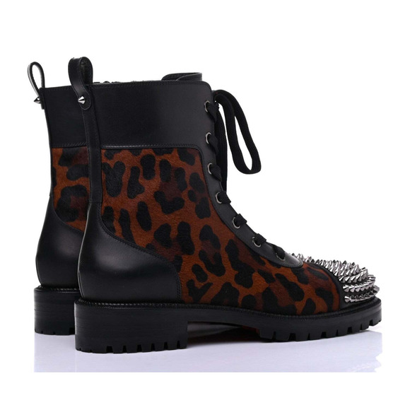 Christian Louboutin TS Croc Flat Black Leopard Pony Spike Combat Ankle Boot 38 - Picture 13 of 15